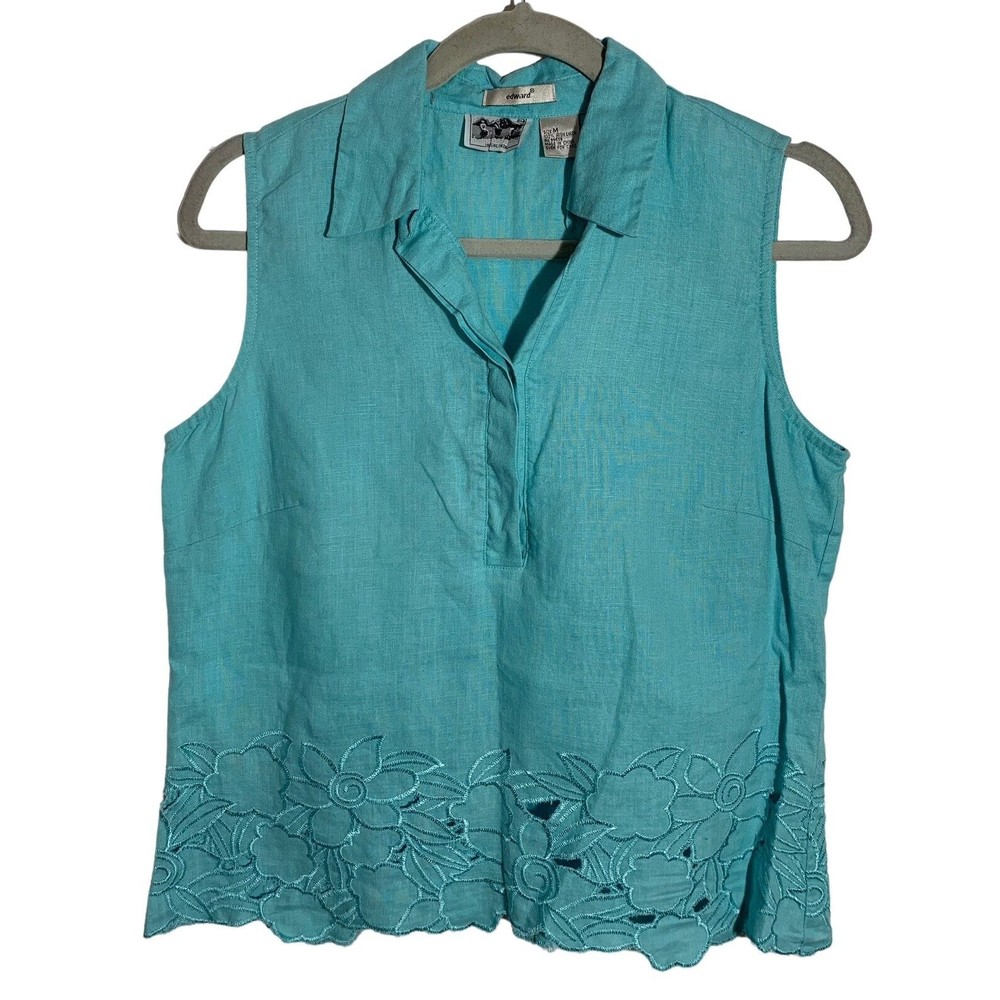 Edward 100% Irish Linen Women's Vintage Size M Teal Sleeveless Eyelet Hem Top
